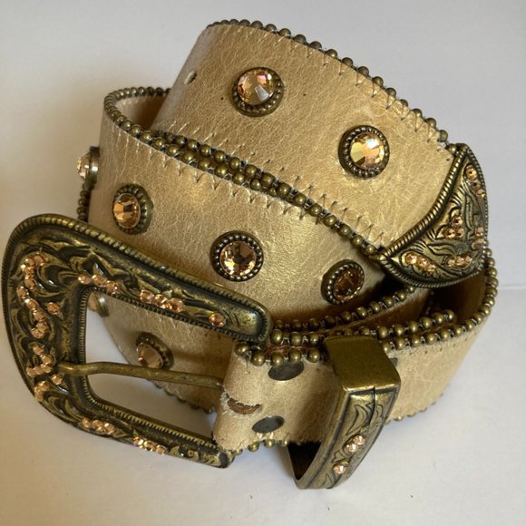 Leatherock Rhinestone Gold Belt with Antiqued Gold Buckle- size 34 - Picture 1 of 15